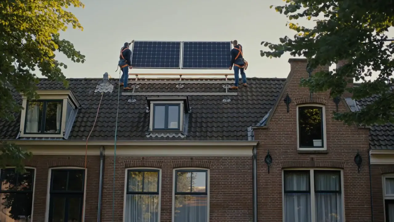 Zonnepanelen worden op een Nederlands huis geplaatst